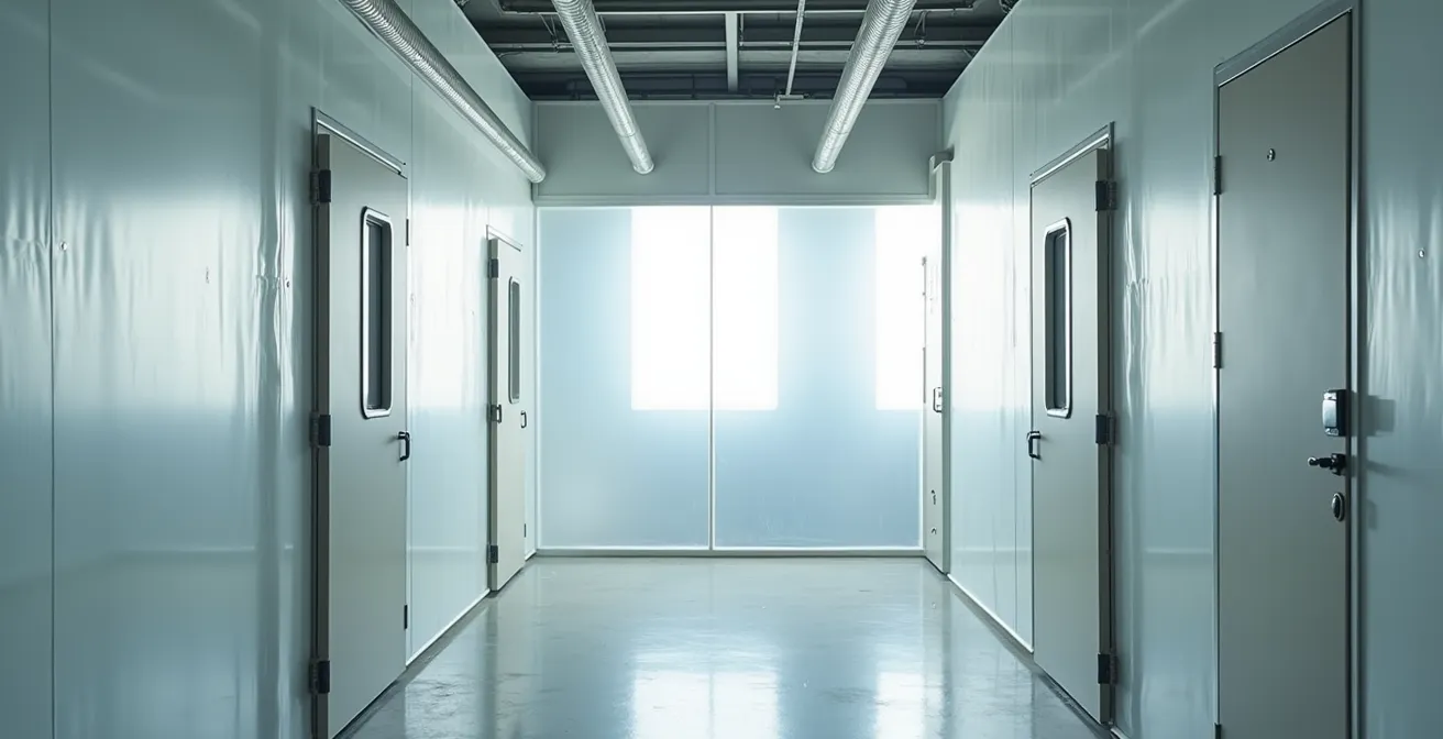 Zone de travail confinée avec portes sur supports verticaux et système d'extraction pour peinture airless