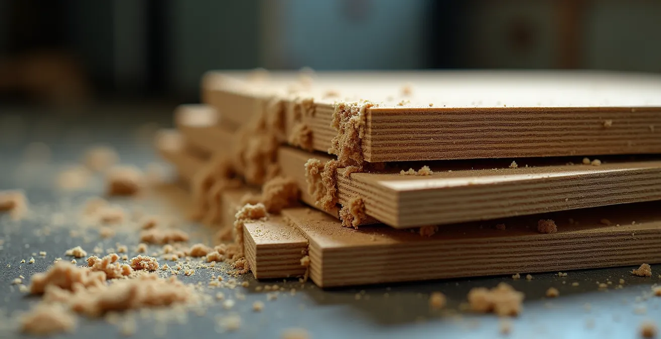 Zone de stockage avec conteneurs métalliques fermés pour déchets de bois traité, signalétique de danger visible