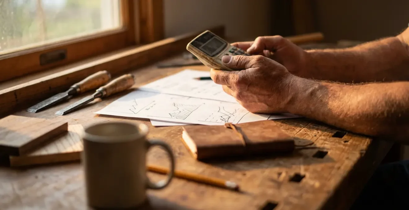 Bureau d'artisan avec documents de gestion et outils de menuiserie