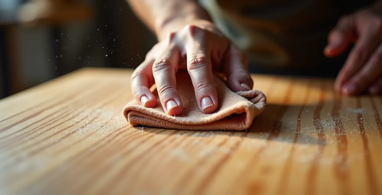 Gros plan sur une main utilisant un chiffon microfibre pour dépoussiérer délicatement une surface en bois