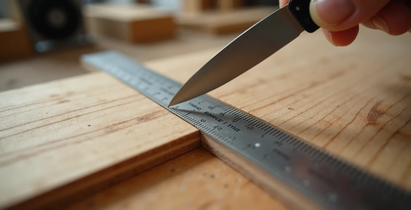 Gros plan sur une main traçant au cutter le long d'une règle métallique sur du bois mélaminé