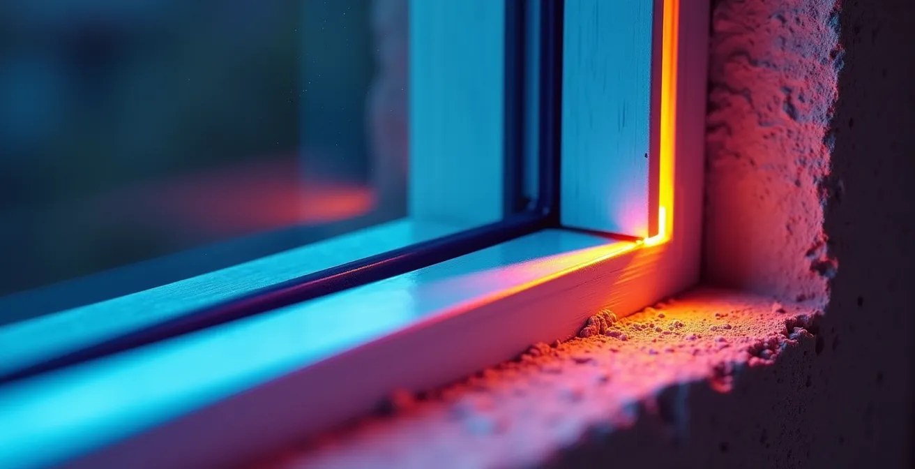 Image thermographique montrant les fuites d'air autour d'une fenêtre mal posée avec zones chaudes et froides visibles