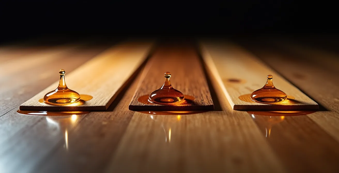 Test de la goutte d'eau sur différentes finitions de parquet