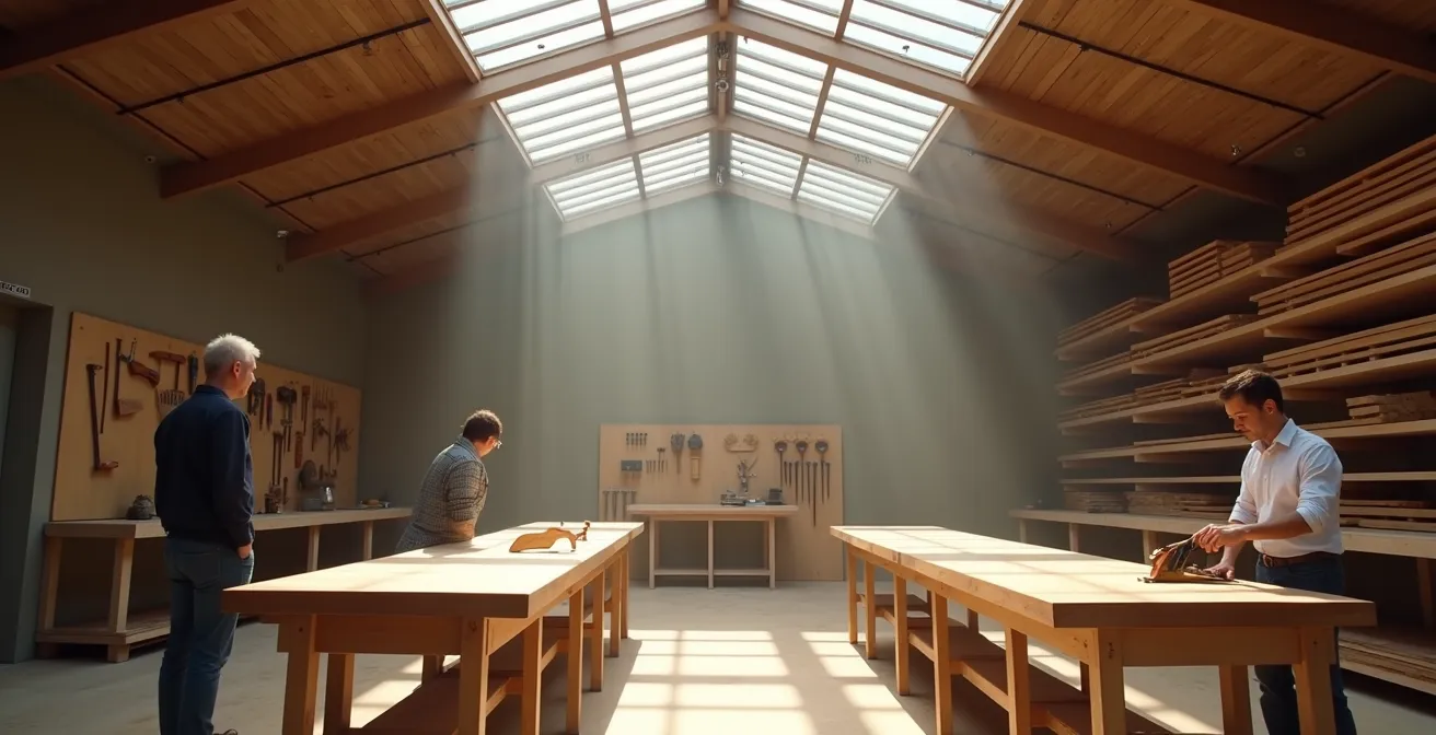 Vue large d'un atelier de menuiserie partagé avec plusieurs postes de travail et une personne observant un artisan
