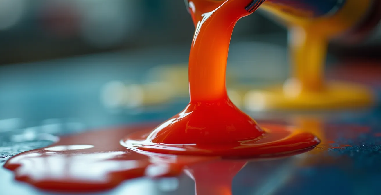 Gros plan sur une coupe de viscosité avec peinture s'écoulant lors d'un test de fluidité