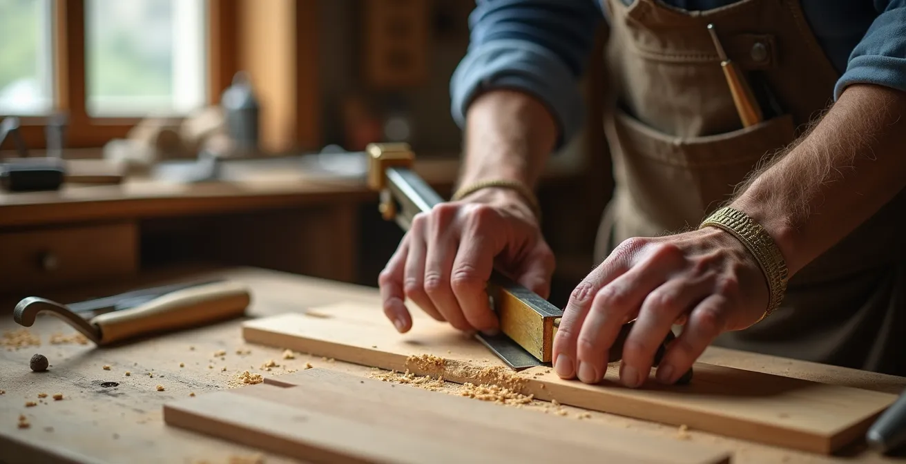 Tracé précis de queues d'aronde sur un tiroir d'ébéniste avec équerre et compas