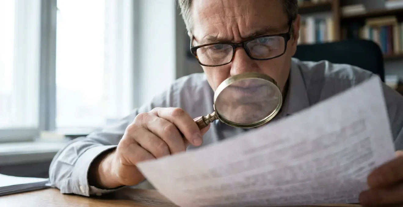 Professionnel examinant attentivement un document avec une loupe dans un bureau