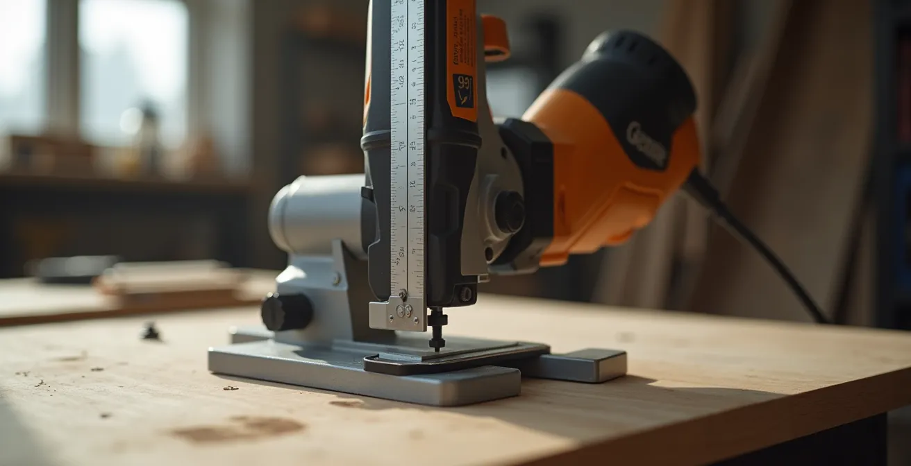 Vue latérale d'une équerre de mécanicien vérifiant l'angle de la lame par rapport à la semelle